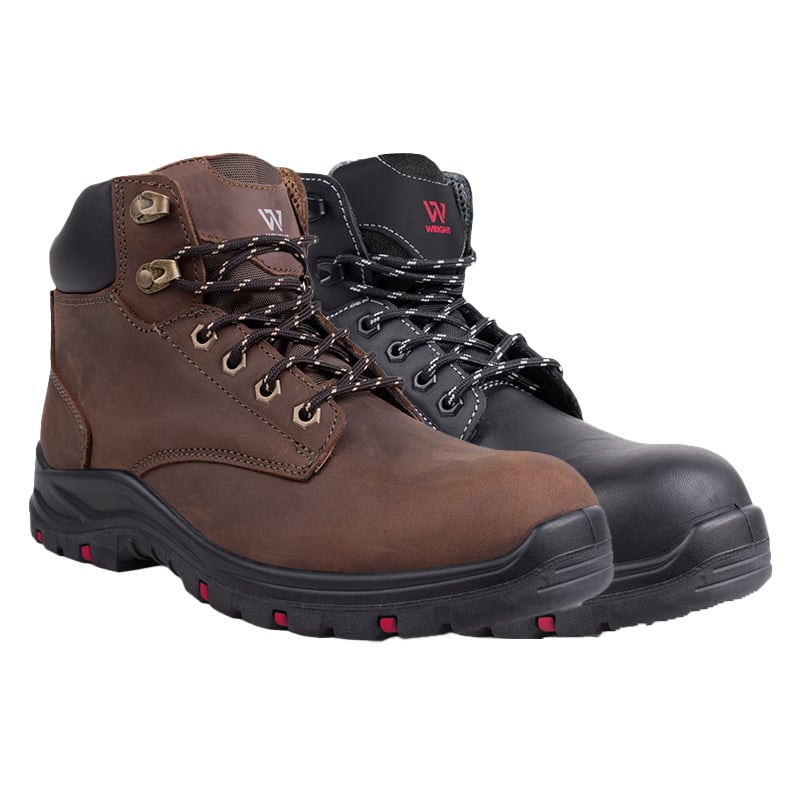 Pair of brown and black hiking boots with rugged lugs and metal eyelets, side by side for sale or product display.