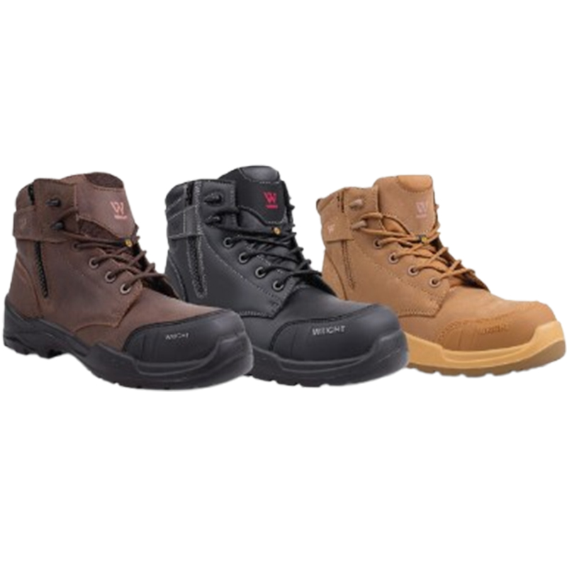 Three rugged boots in brown, black, and tan lined up side by side with sturdy treaded soles.
