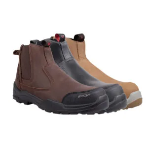 Rugged pull-on Wright work boots in brown, gray, and tan arranged side by side with chunky black soles