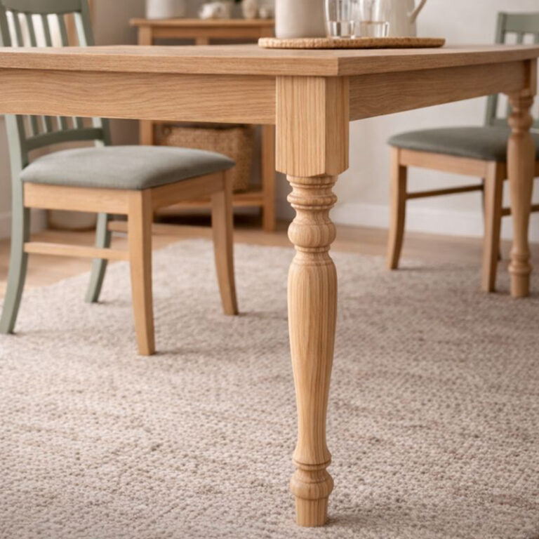 Close-up of a wooden dining table leg with turned details, in a light, cozy dining room with upholstered chairs and a woven rug.