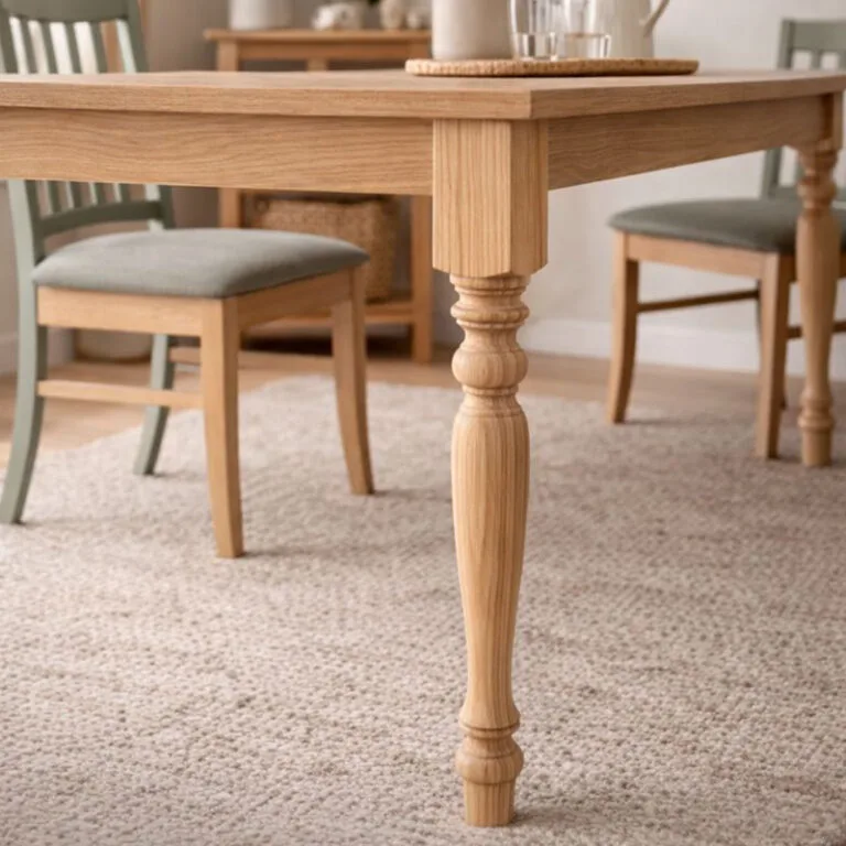 Close-up of a wooden dining table leg with turned details, in a light, cozy dining room with upholstered chairs and a woven rug.