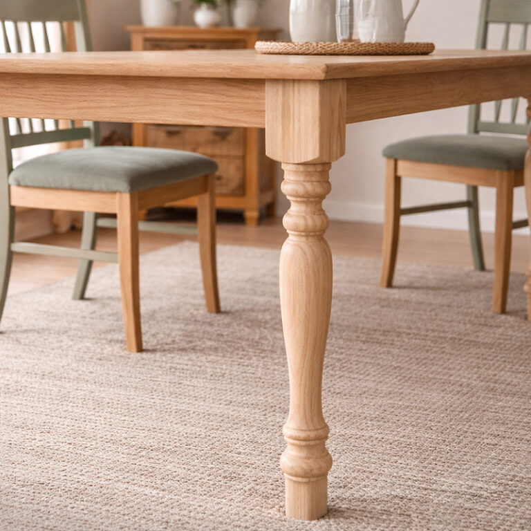 Close-up of a carved wooden table leg in a light wood dining table with chairs and a woven rug in the background.