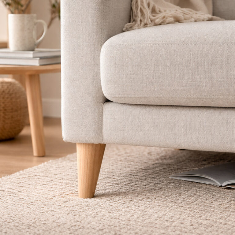 Beige sofa with a wooden leg on a textured cream rug; a side table with a mug and books in the background.
