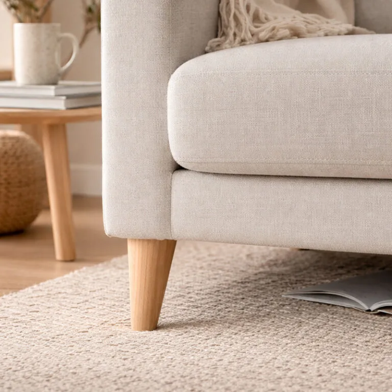 Beige sofa with a wooden leg on a textured cream rug; a side table with a mug and books in the background.