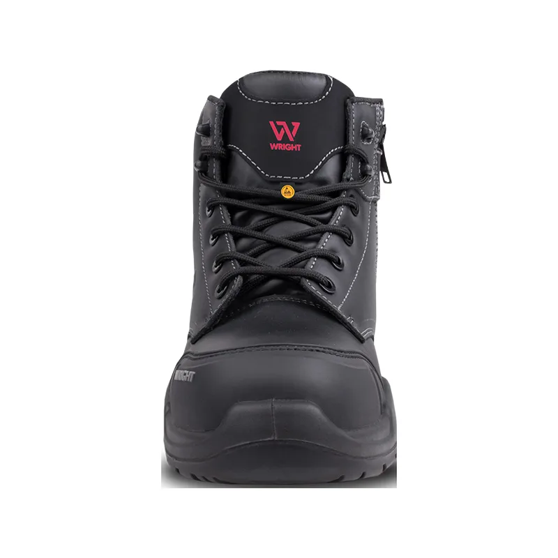 Front View of a Black Wright Work Boot with Laces and Reinforced Toe Cap