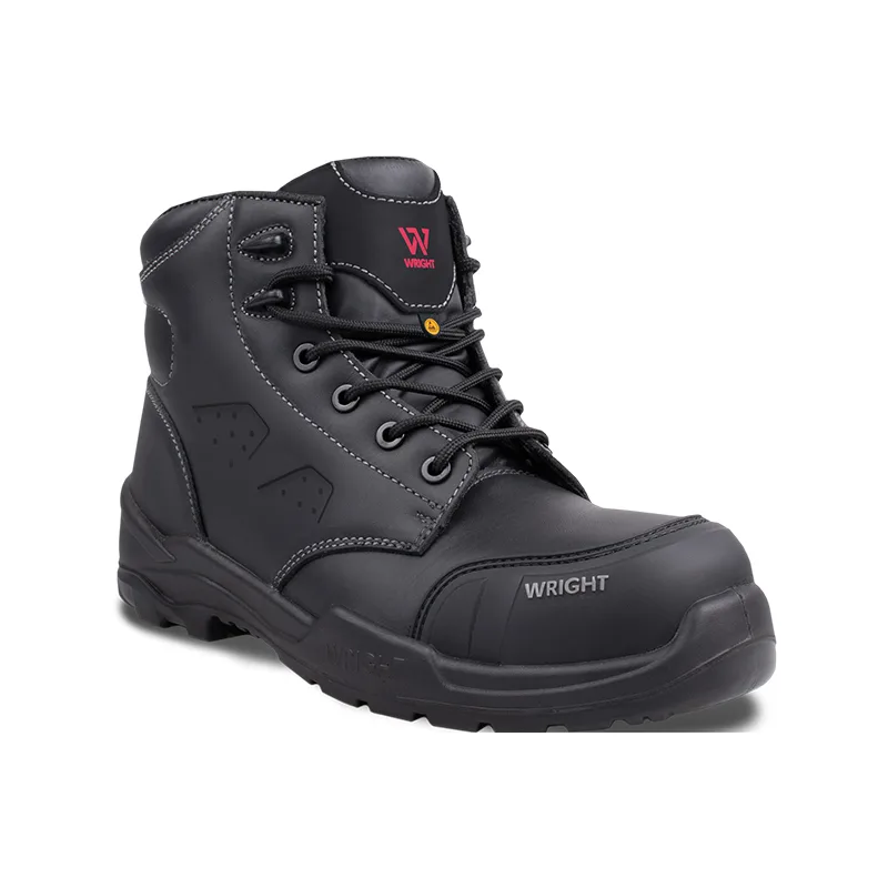Black Protective Work Boot with Lace up Front Padded Ankle and Rugged Tread Sole Branded Wright
