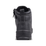 Voyager Black 6 | Securadeal Black Leather Ankle Boot Shown from the Back with a Pull Tab Visible White Stitching and a Rugged Sole