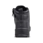 Voyager Black 6 | Securadeal Black Leather Ankle Boot Shown from the Back with a Pull Tab Visible White Stitching and a Rugged Sole