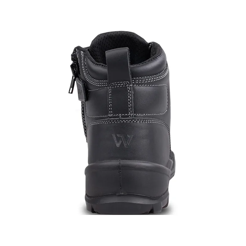 Black Leather Ankle Boot Shown from the Back with a Pull Tab Visible White Stitching and a Rugged Sole
