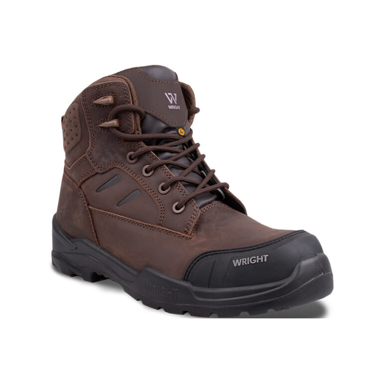 Brown Wright work boot with black toe cap, leather panels, lace-up, mid-ankle height and rugged outsole.