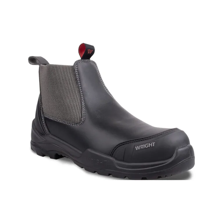 Black industrial safety boot with slip-on design, elastic side panels and rugged tread, Wright brand inside-outsole detail visible.