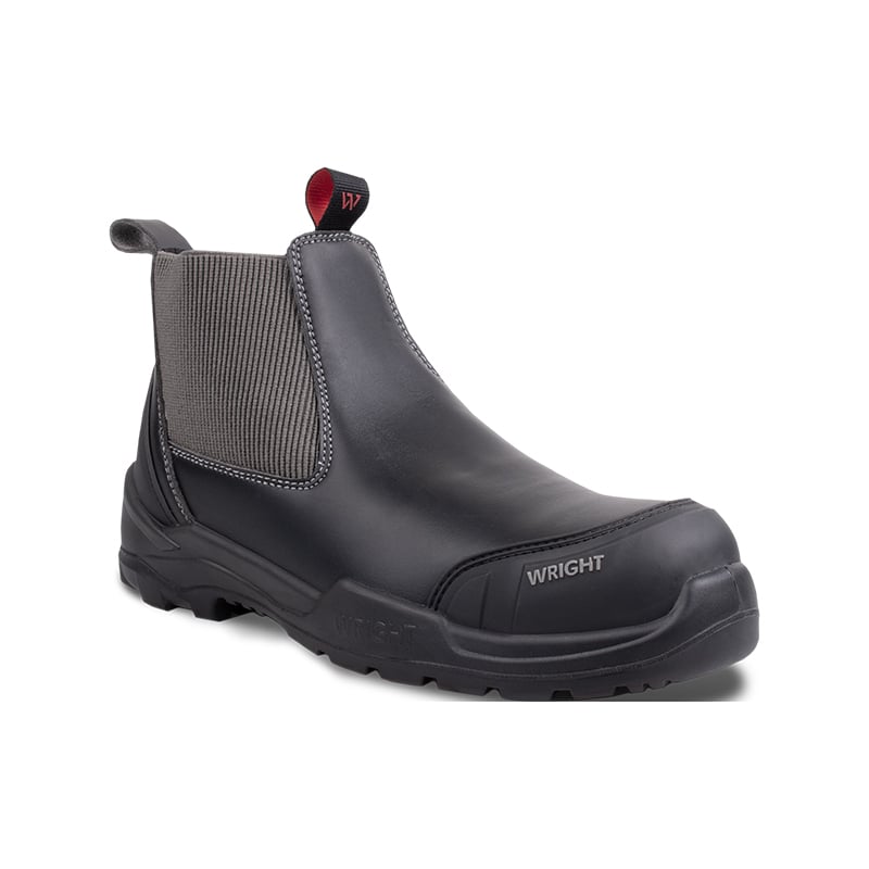 Black industrial safety boot with slip-on design, elastic side panels and rugged tread, Wright brand inside-outsole detail visible.