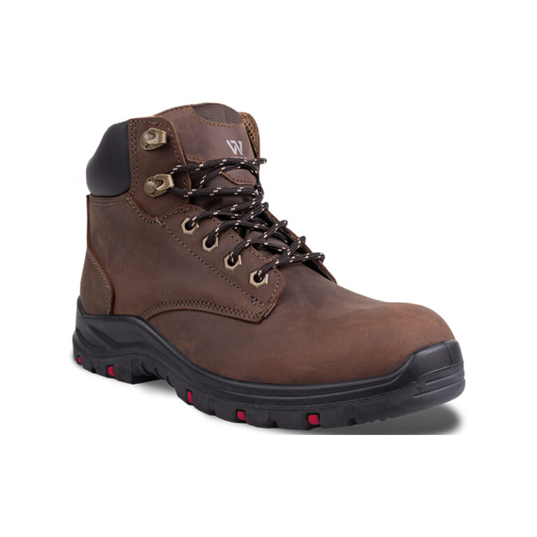 Brown leather hiking boot with metal eyelets, padded collar, and rugged black sole with red accents on outsole.