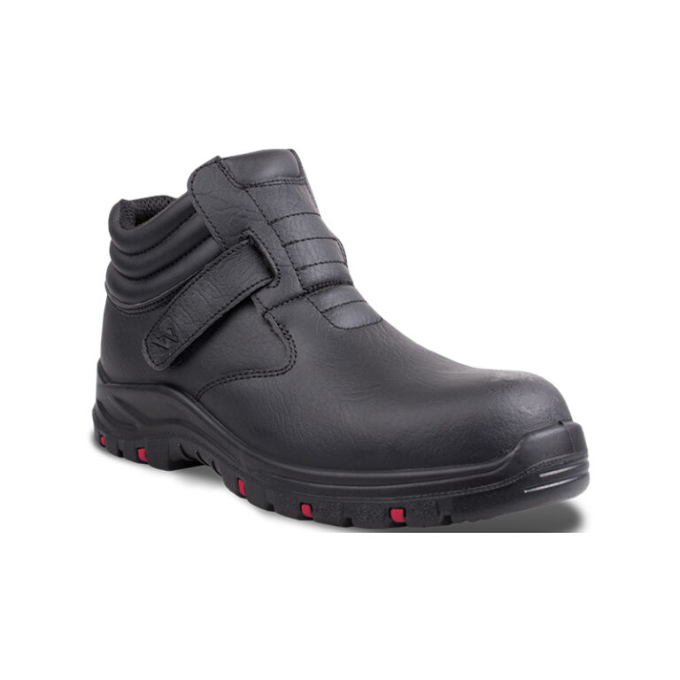 Black leather safety boot with a Velcro strap, padded ankle, and chunky tread outsole for work environments.