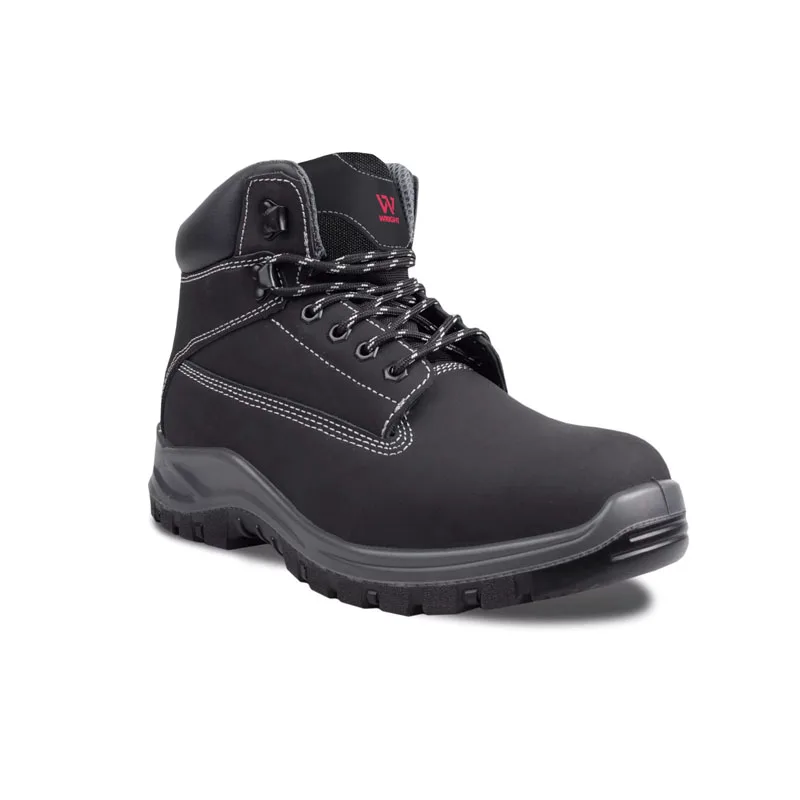 Black Rugged Safety Boot with Laces and Heavy Tread Sole Ankle Support Suitable for Work Environments