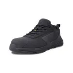 Black Athletic Sneaker with Knit Upper Black Laces and a Chunky Rugged Sole angled Side View
