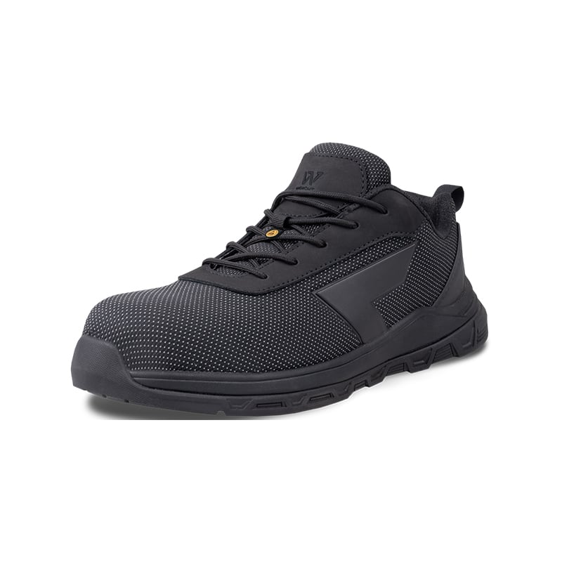 WR0129 - WR0136 - Wright-PU Tek Sneaker 1 | Securadeal Black athletic sneaker with knit upper, black laces, and a chunky, rugged sole (angled side view).