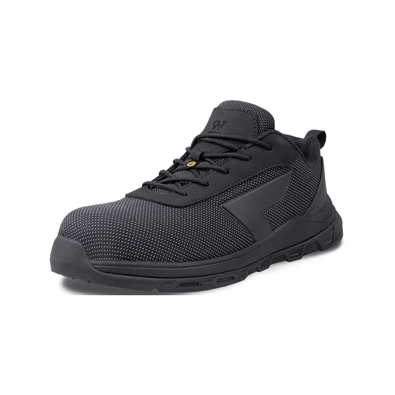 Black Athletic Sneaker with Knit Upper Black Laces and a Chunky Rugged Sole angled Side View