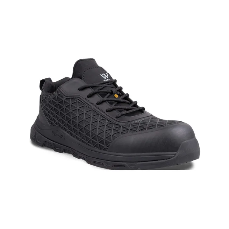 Black work sneaker with reinforced toe and rugged sole, featuring a geometric lattice upper and black laces.