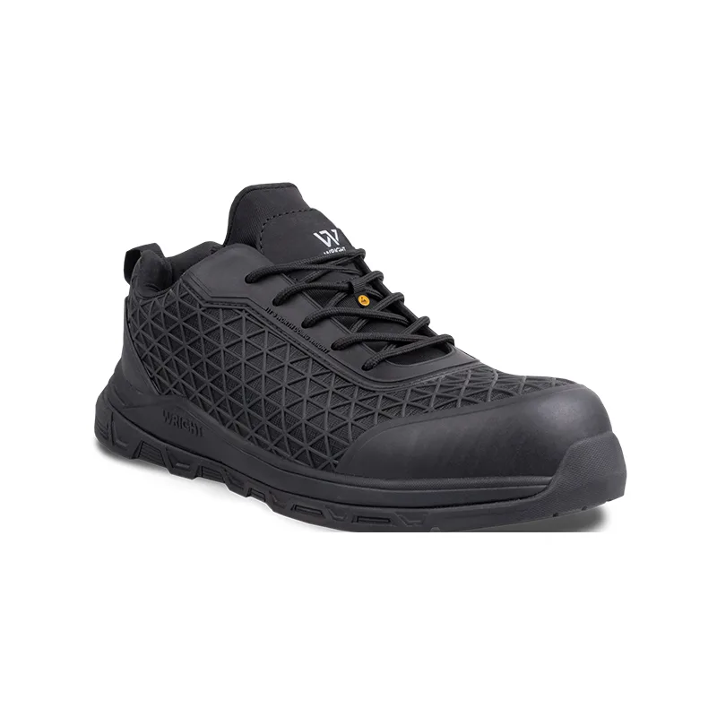 Black work sneaker with reinforced toe and rugged sole, featuring a geometric lattice upper and black laces.