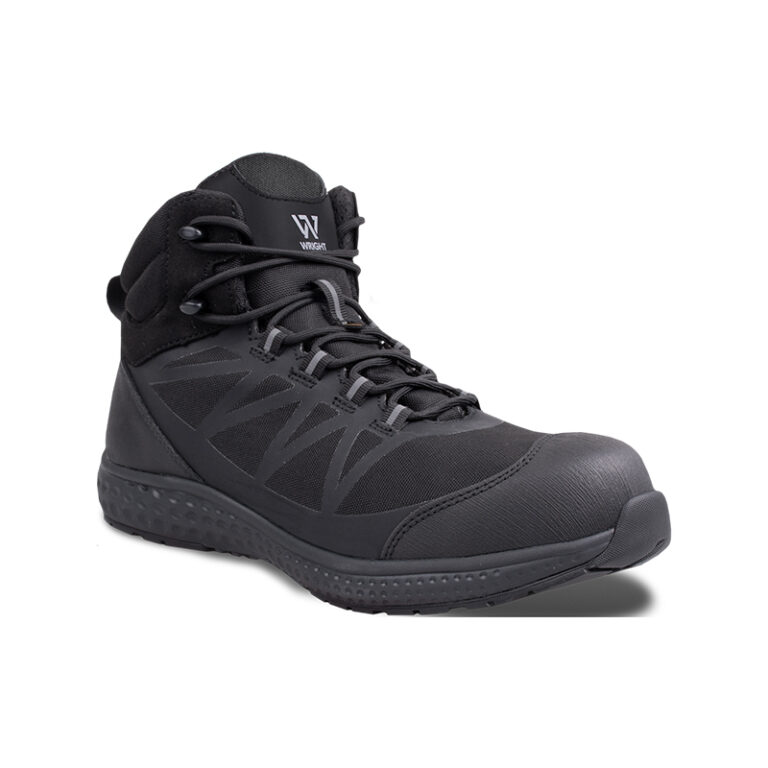 Black hiking boot with mid-height ankle support, black laces, and rugged textured sole on a white background identify as an outdoor shoe for hiking or workwear.
