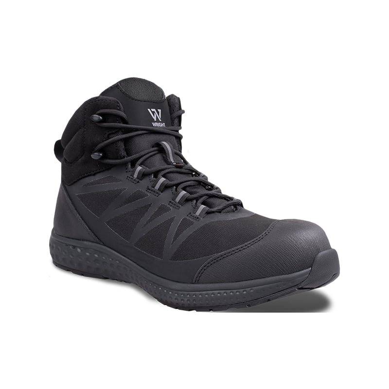 Black hiking boot with mid-height ankle support, black laces, and rugged textured sole on a white background identify as an outdoor shoe for hiking or workwear.