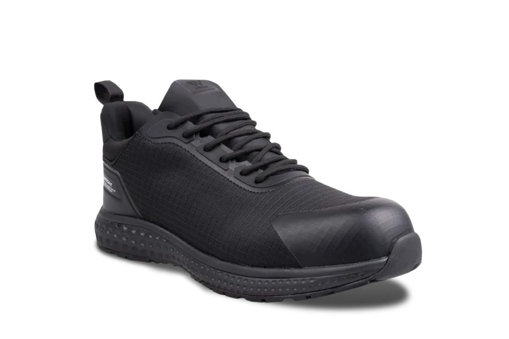 WR0161 - WR0168 - Wright-Glide Sneaker 1 | Securadeal Black Athletic Sneaker with Laces Padded Collar and Textured Sole Shown from a Side Angle for Product Detail