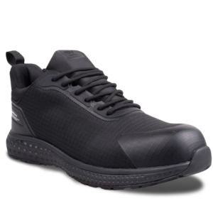Black athletic sneaker with laces, padded collar, and textured sole shown from a side angle for product detail.