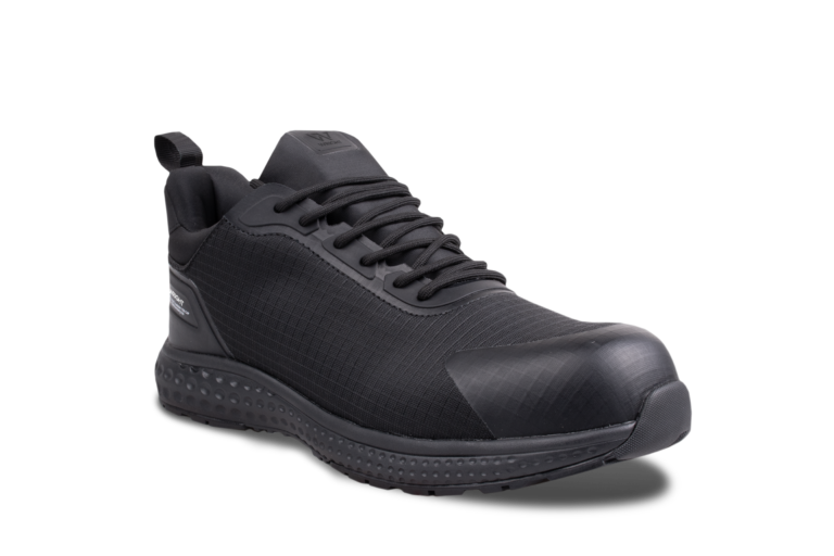 Black athletic sneaker with laces, padded collar, and textured sole shown from a side angle for product detail.