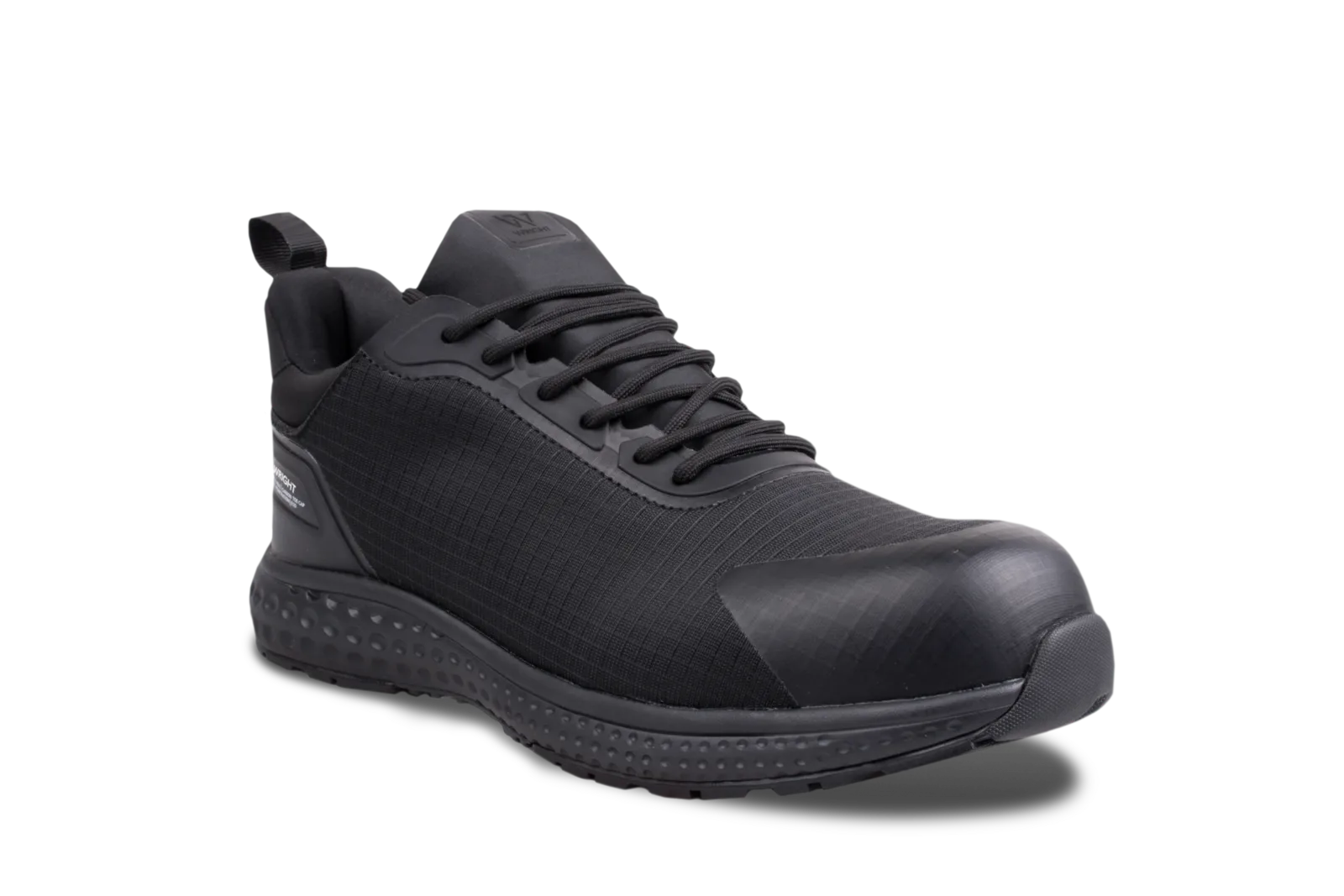 Black athletic sneaker with laces, padded collar, and textured sole shown from a side angle for product detail.