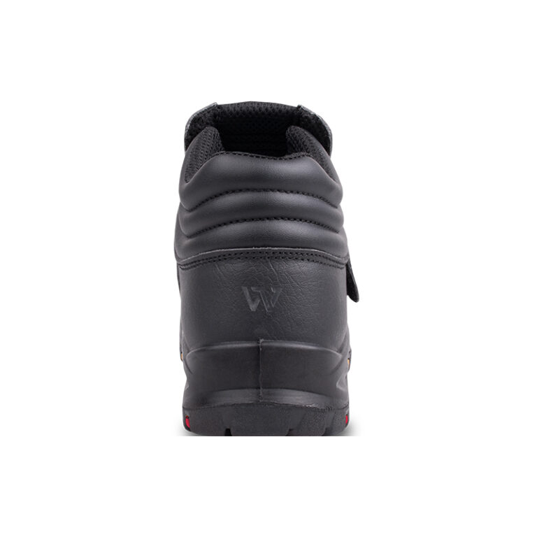 Black hiking boot viewed from the back, showing padded collar and sturdy heel.