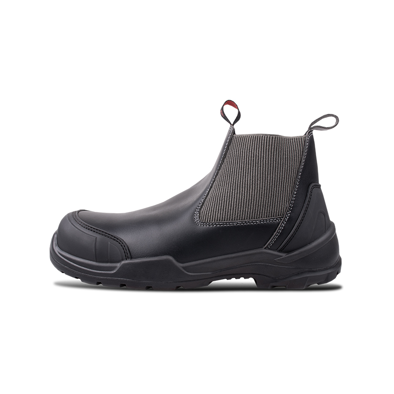 Wright-Dealer Chelsea 2 | Securadeal Black safety/work boot in side profile with elastic panel and pull tabs; rugged sole visible.