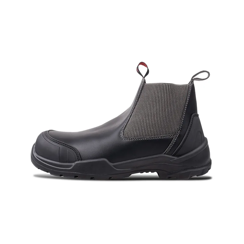 Black Safetywork Boot in Side Profile with Elastic Panel and Pull Tabs Rugged Sole Visible