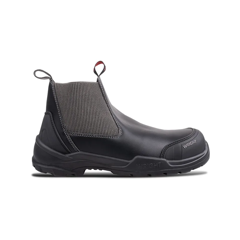 Black Ankle high Work Boot with Elastic Side Panels and Pull Tabs Featuring a Rugged Slip resistant Sole wright