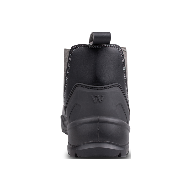 Wright-Dealer Chelsea 5 | Securadeal Rear view of a black mid-cut boot showing a pull tab and stitched upper details, with a rugged sole visible.