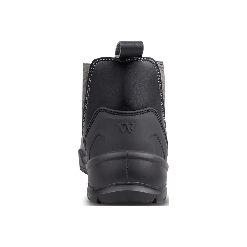 Rear View of a Black Mid cut Boot Showing a Pull Tab and Stitched Upper Details with a Rugged Sole Visible