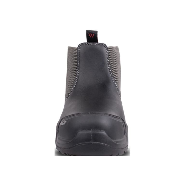 Back view of a black ankle boot with knit elastic side panels and a pull tab at the heel.