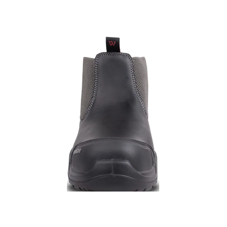 Back view of a black ankle boot with knit elastic side panels and a pull tab at the heel.