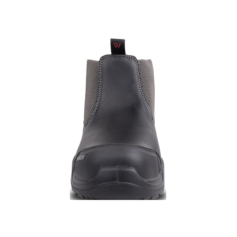 Wright-Dealer Chelsea 6 | Securadeal Back view of a black ankle boot with knit elastic side panels and a pull tab at the heel.