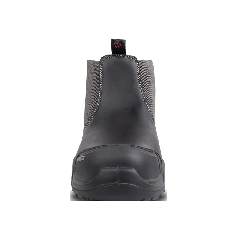 Back View of a Black Ankle Boot with Knit Elastic Side Panels and a Pull Tab at the Heel