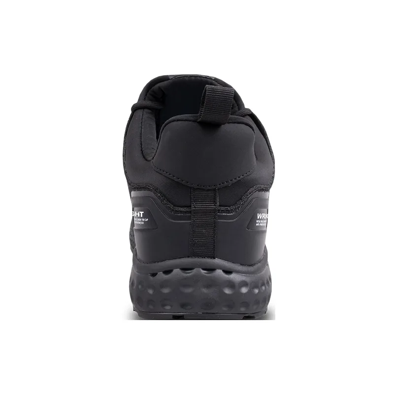 Back View of a Black Athletic Shoe with a Textured Bubble dotted Outsole and Pull Tab at the Heel Edge