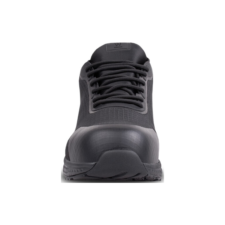 Front view of a black athletic sneaker with laces, showcasing its rounded toe and textured outsole.