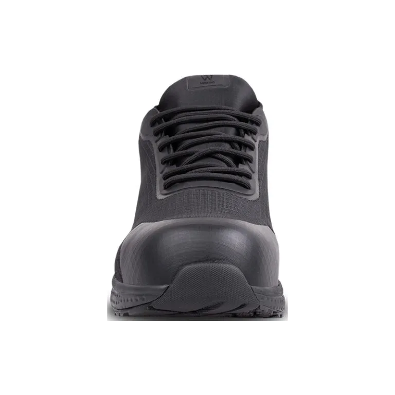 Front view of a black athletic sneaker with laces, showcasing its rounded toe and textured outsole.