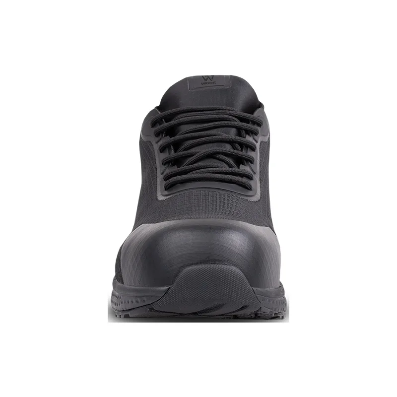 Front View of a Black Athletic Sneaker with Laces Showcasing Its Rounded Toe and Textured Outsole