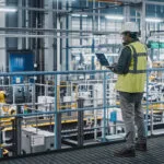 Wright-Glide-Sneaker-Lifestyle | Securadeal Factory Floor with Yellow Robotic Arms and a Worker in a High visibility Vest and Hard Hat Inspecting a Tablet Screen in Front of Equipment