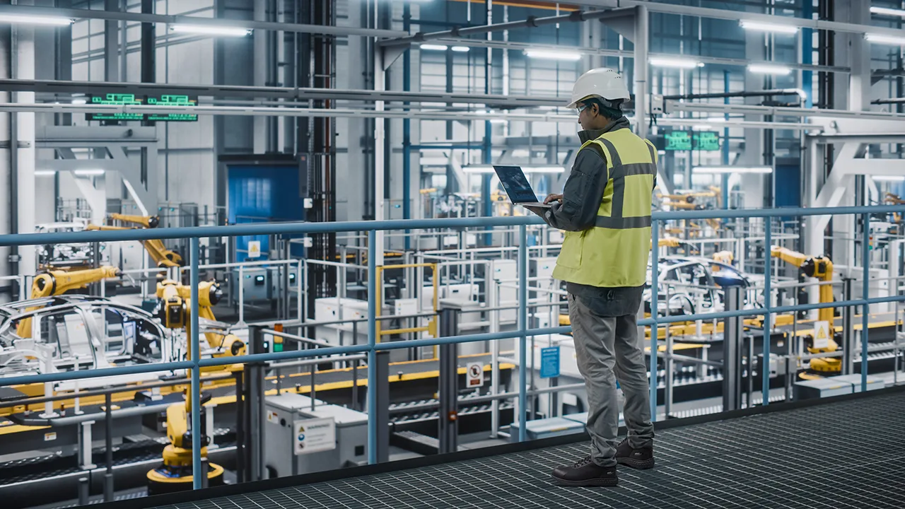 Factory Floor with Yellow Robotic Arms and a Worker in a High visibility Vest and Hard Hat Inspecting a Tablet Screen in Front of Equipment