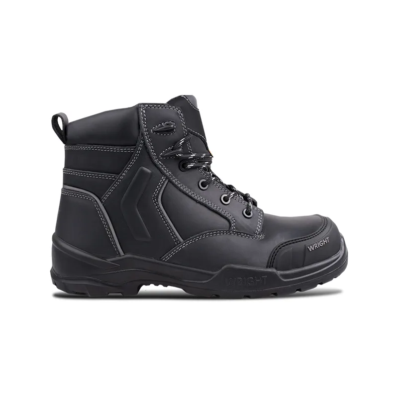 Black Rugged Ankle Boot with Padded Collar Thick Tread Sole and Contrast Stitching on a White Background