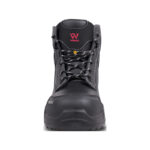 Wright-Hammer-Metaguard 5 | Securadeal Front View of a Black Wright Work Boot with Laced Ankle and Rugged Treaded Sole Brand Logo on the Tongue Visually Prominent