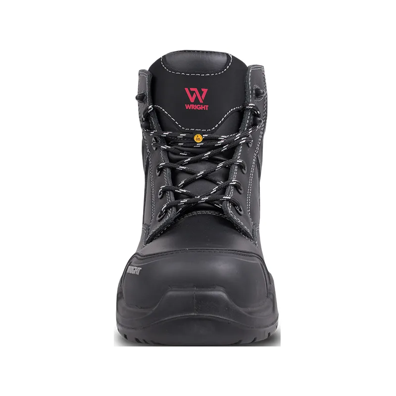 Front View of a Black Wright Work Boot with Laced Ankle and Rugged Treaded Sole Brand Logo on the Tongue Visually Prominent