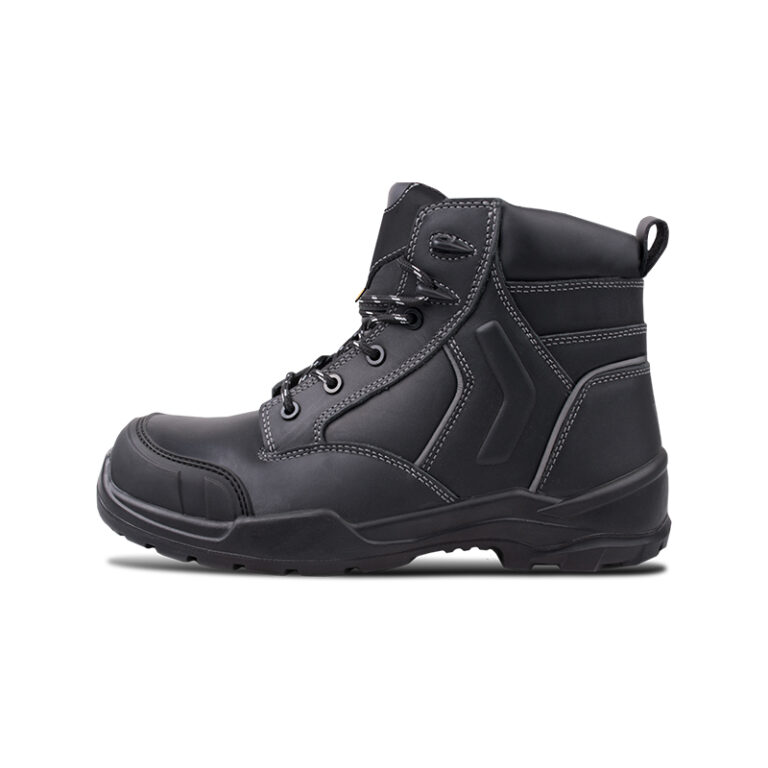 Black work boot with padded collar, reinforced toe, and rugged tread sole for durability.
